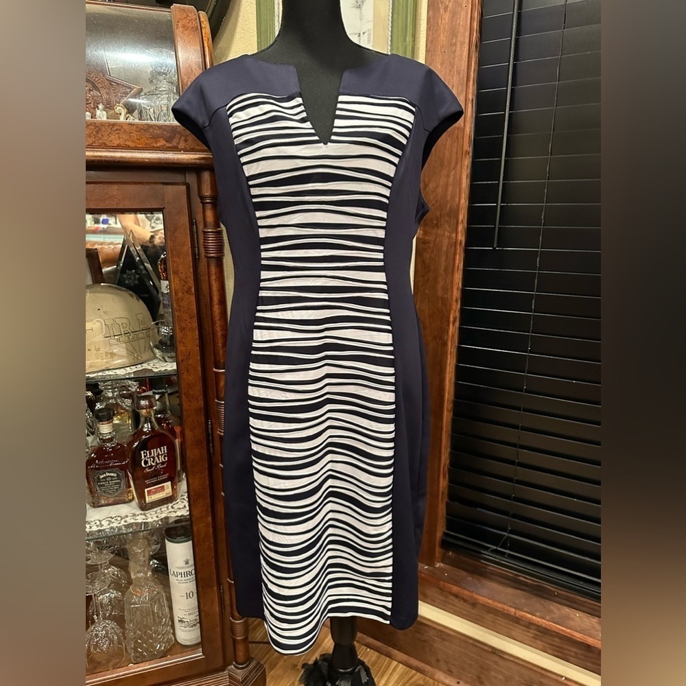 EUC Connected Apparel Striped Knee Length Sheath Dress Blue & White